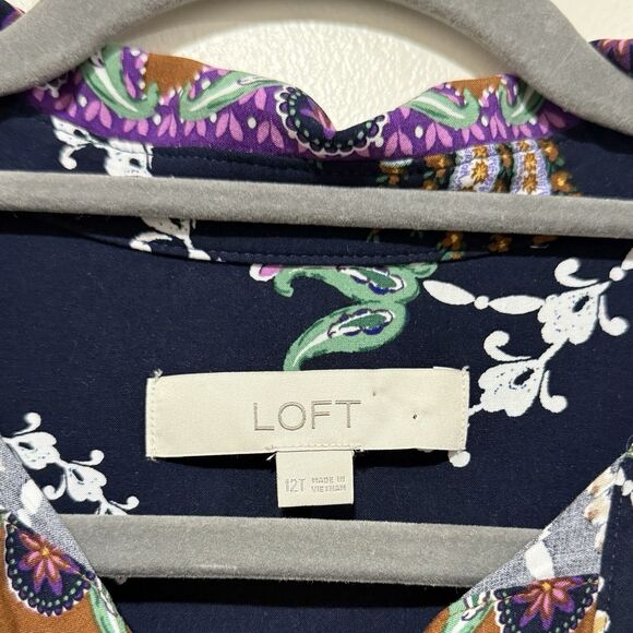 LOFT Navy Pheasant Pleated Floral Peacock Maxi Long Sleeve Dress Women Size 12T - Picture 3 of 9